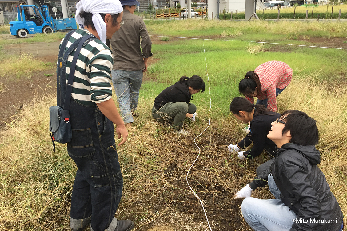 作家チームを中心にアートの設置場所の草抜き作業から